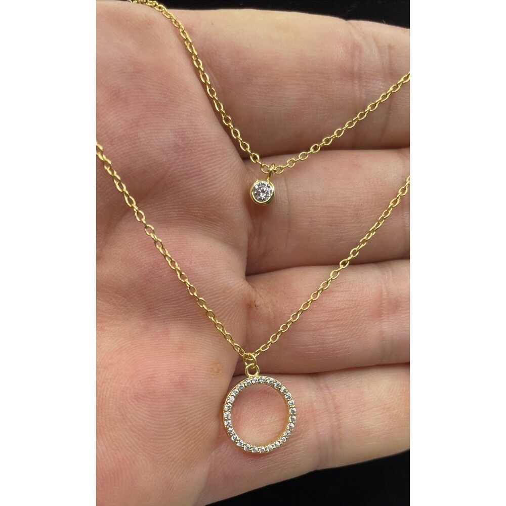 925 Sterling Gold Vermeil CZ Circle Pendant Necklace Layered